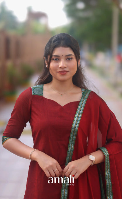 Deep Red and Bottle Green Chettinad Cotton Salwar Set - salwar