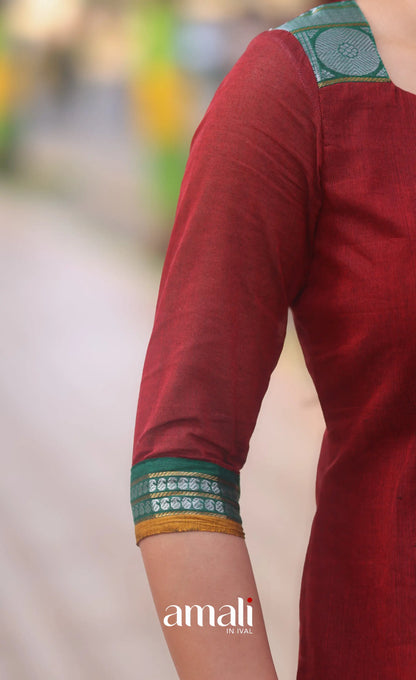 Deep Red and Bottle Green Chettinad Cotton Salwar Set - salwar