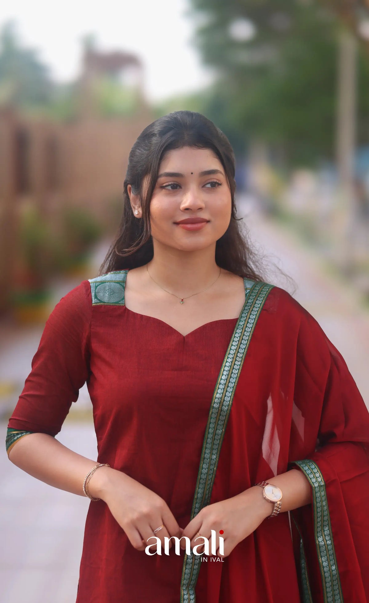 Deep Red and Bottle Green Chettinad Cotton Salwar Set - salwar