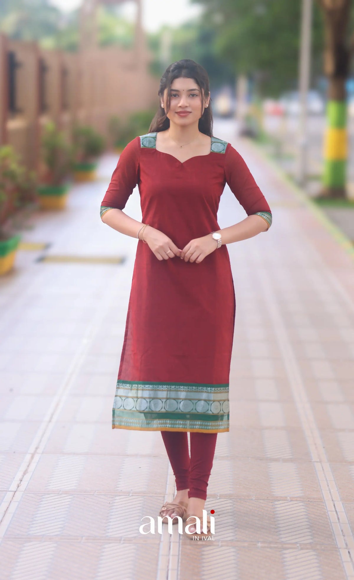 Deep Red and Bottle Green Chettinad Cotton Salwar Set - salwar