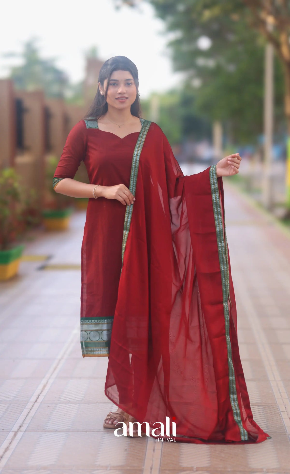 Deep Red and Bottle Green Chettinad Cotton Salwar Set - salwar