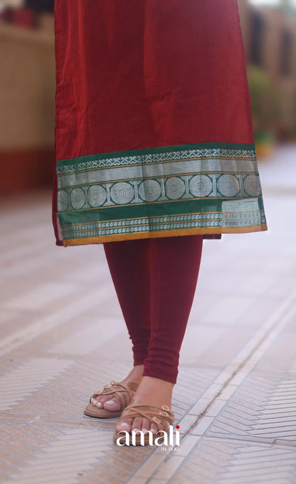Deep Red and Bottle Green Chettinad Cotton Salwar Set - salwar