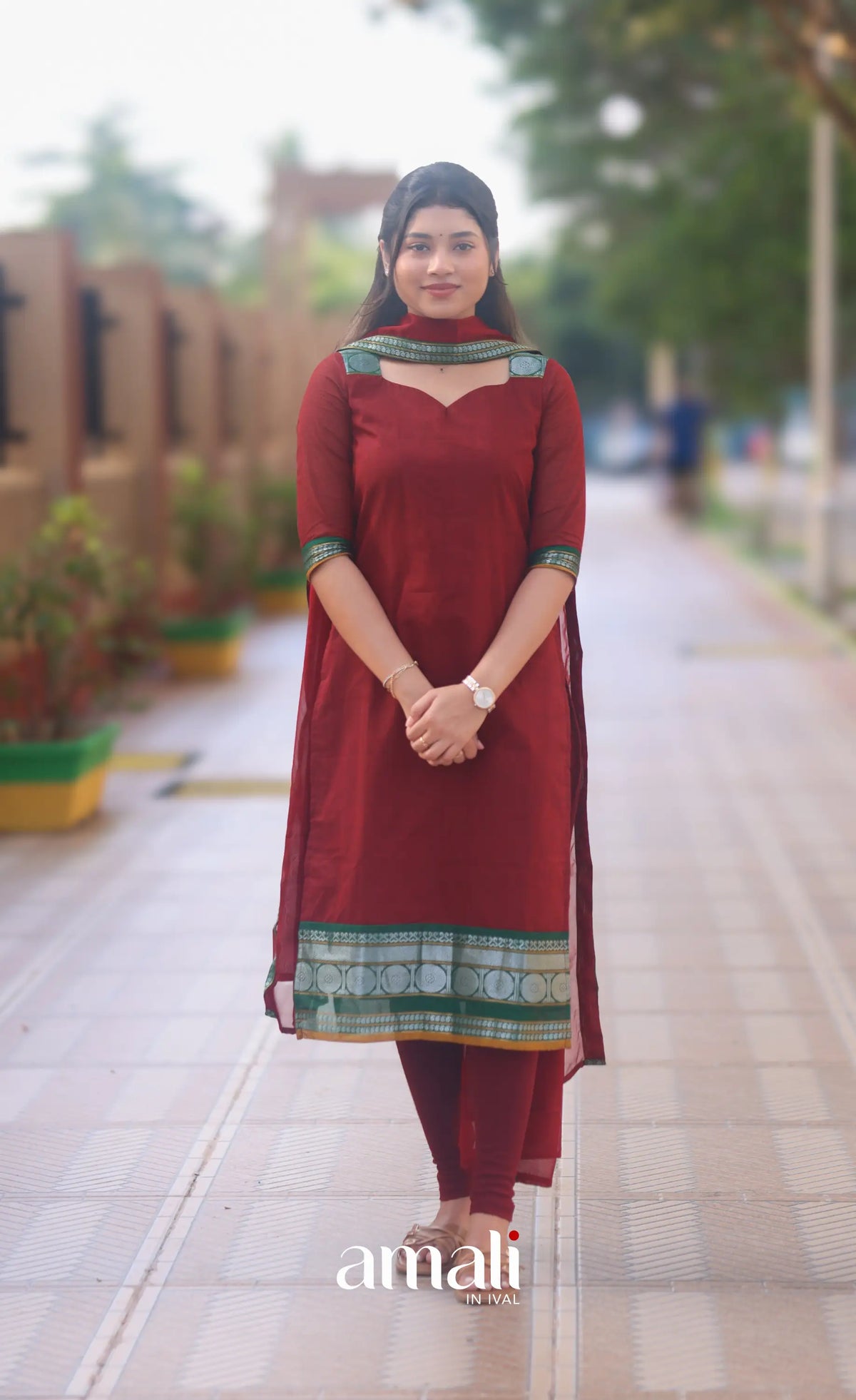 Deep Red and Bottle Green Chettinad Cotton Salwar Set - salwar
