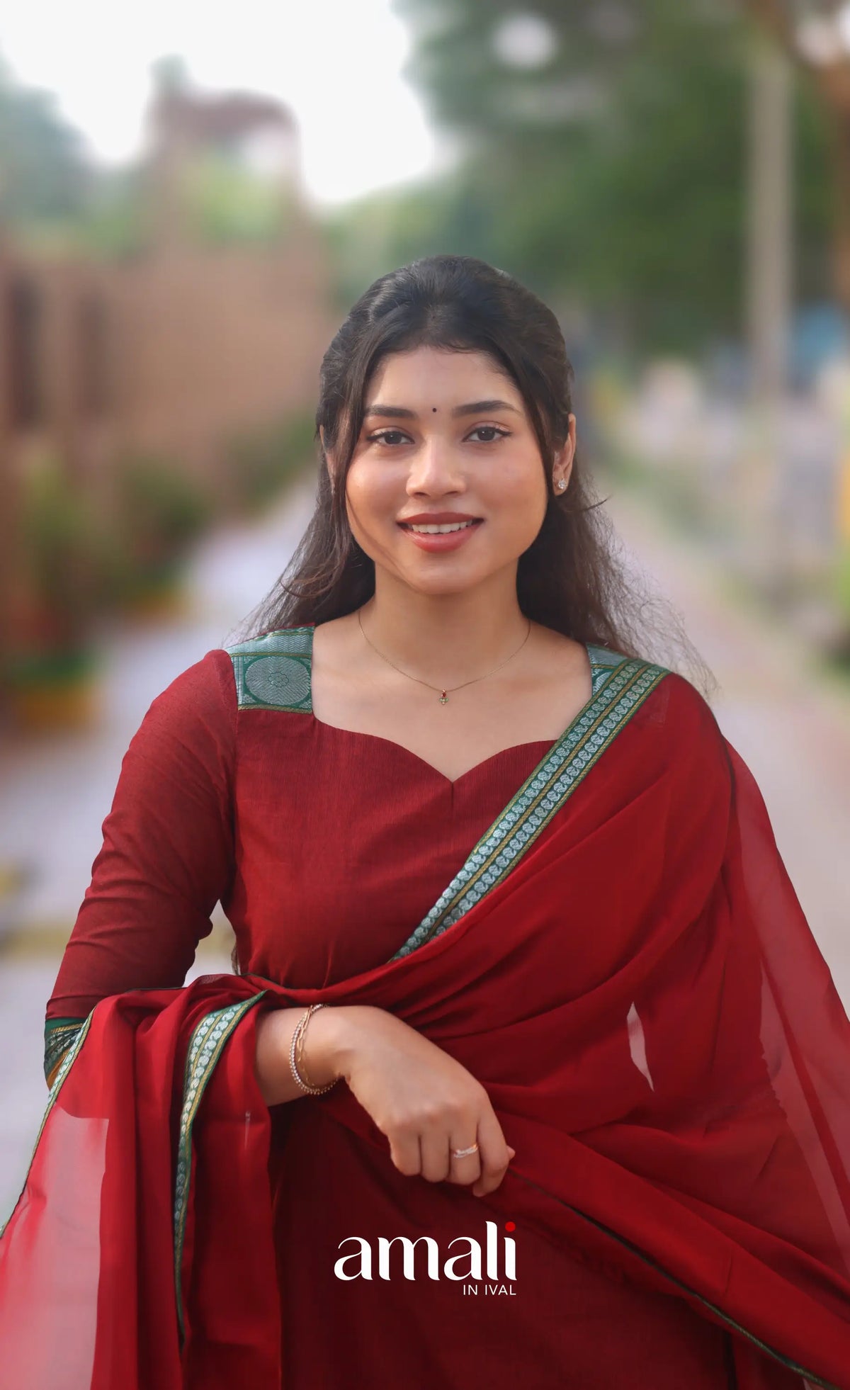 Deep Red and Bottle Green Chettinad Cotton Salwar Set - salwar