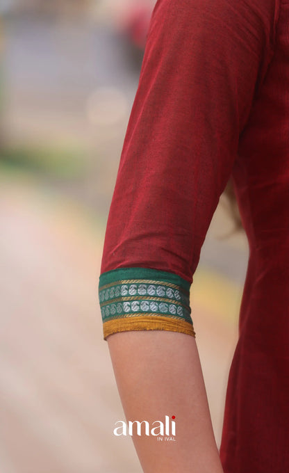 Deep Red and Bottle Green Chettinad Cotton Salwar Set - salwar