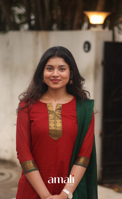 Deep Red and Manthalir Green Chettinad Cotton Salwar Set - salwar