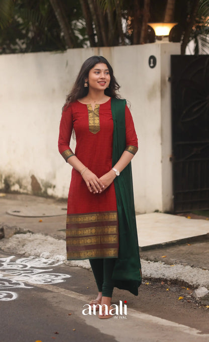 Deep Red and Manthalir Green Chettinad Cotton Salwar Set - salwar