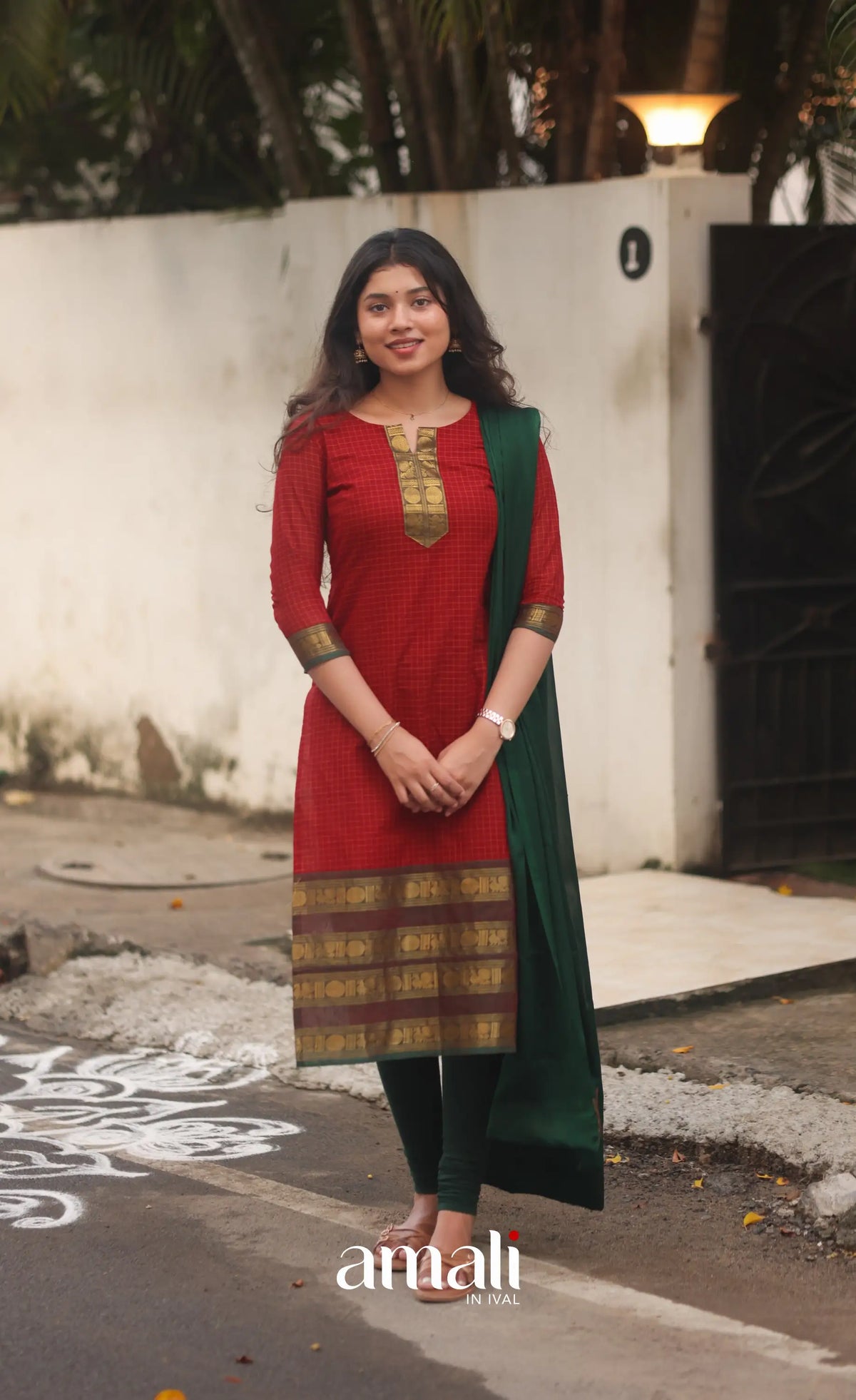 Deep Red and Manthalir Green Chettinad Cotton Salwar Set - salwar