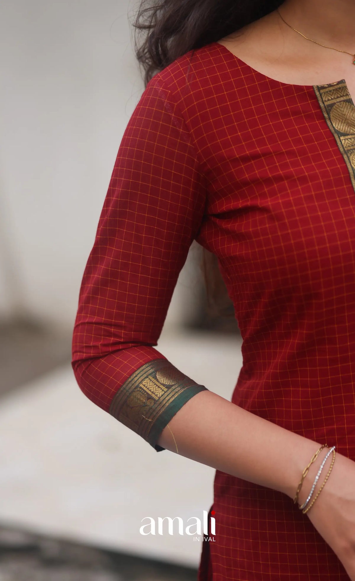 Deep Red and Manthalir Green Chettinad Cotton Salwar Set - salwar