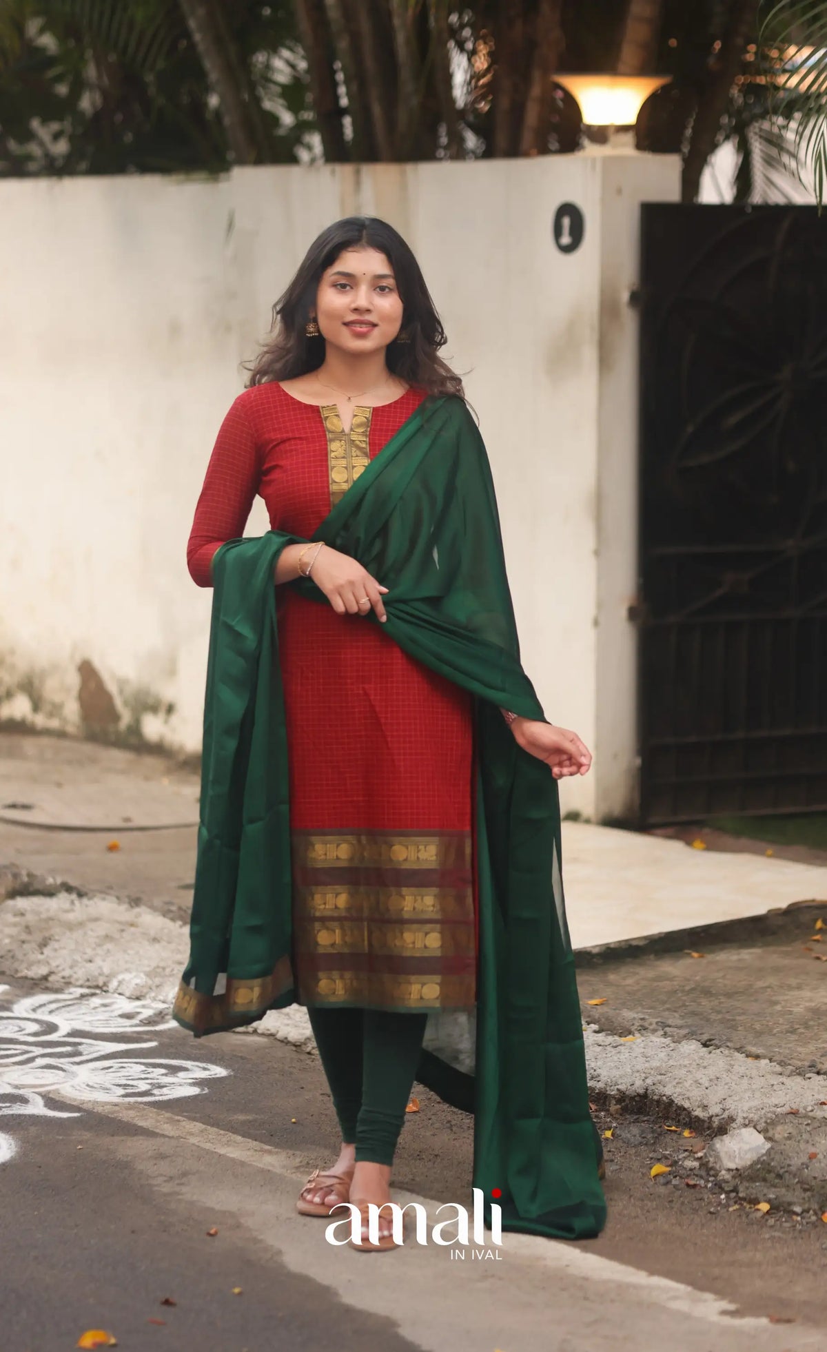 Deep Red and Manthalir Green Chettinad Cotton Salwar Set - salwar