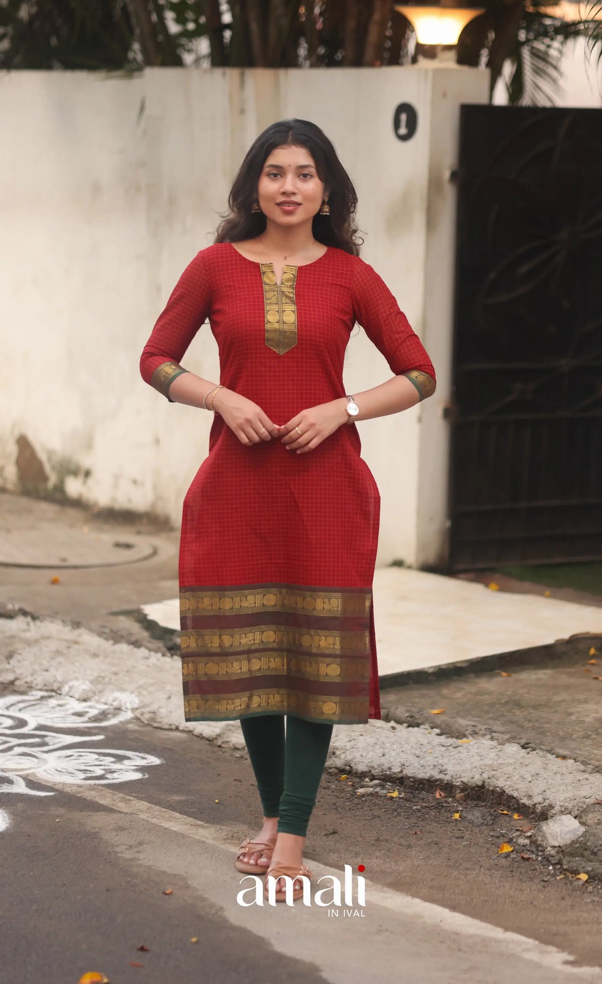 Deep Red and Manthalir Green Chettinad Cotton Salwar Set - salwar