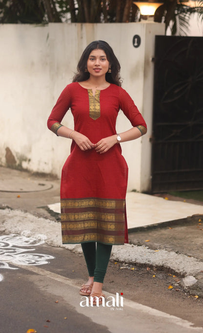 Deep Red and Manthalir Green Chettinad Cotton Salwar Set - salwar