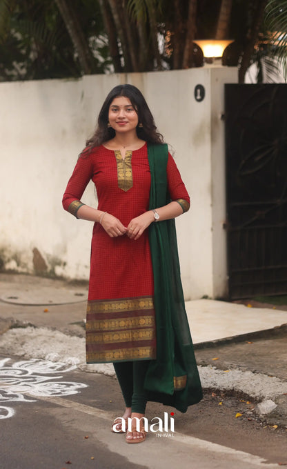 Deep Red and Manthalir Green Chettinad Cotton Salwar Set - salwar