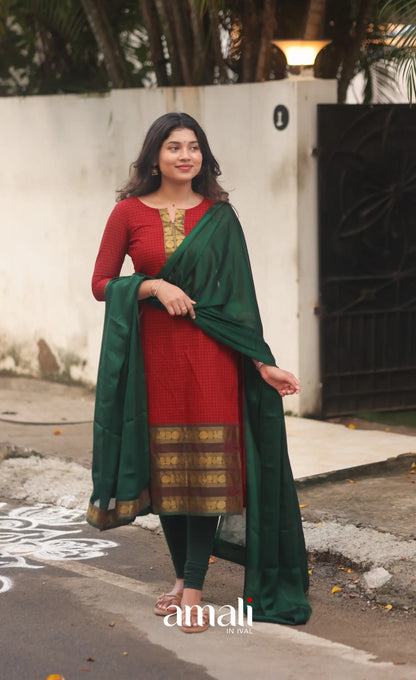 Deep Red and Manthalir Green Chettinad Cotton Salwar Set - salwar