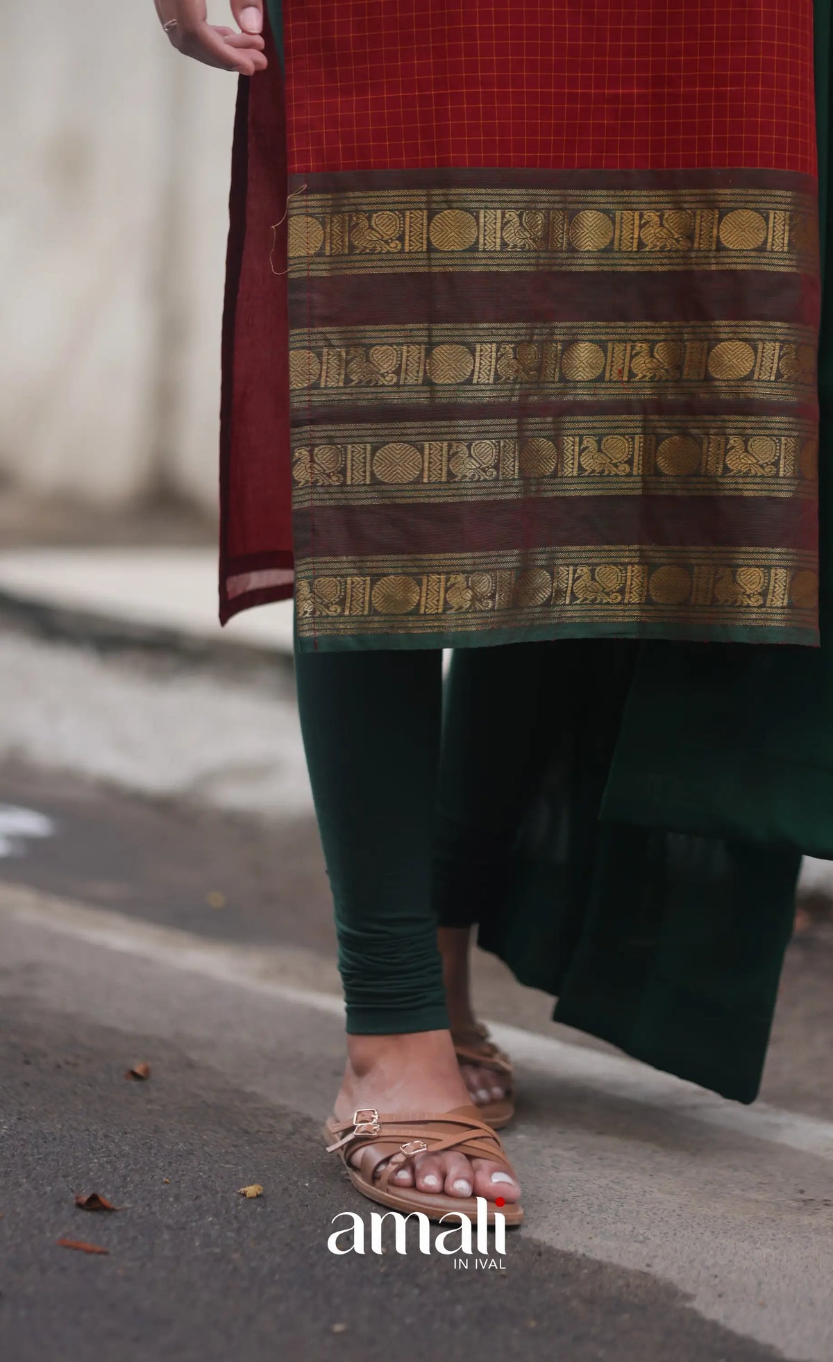 Deep Red and Manthalir Green Chettinad Cotton Salwar Set - salwar