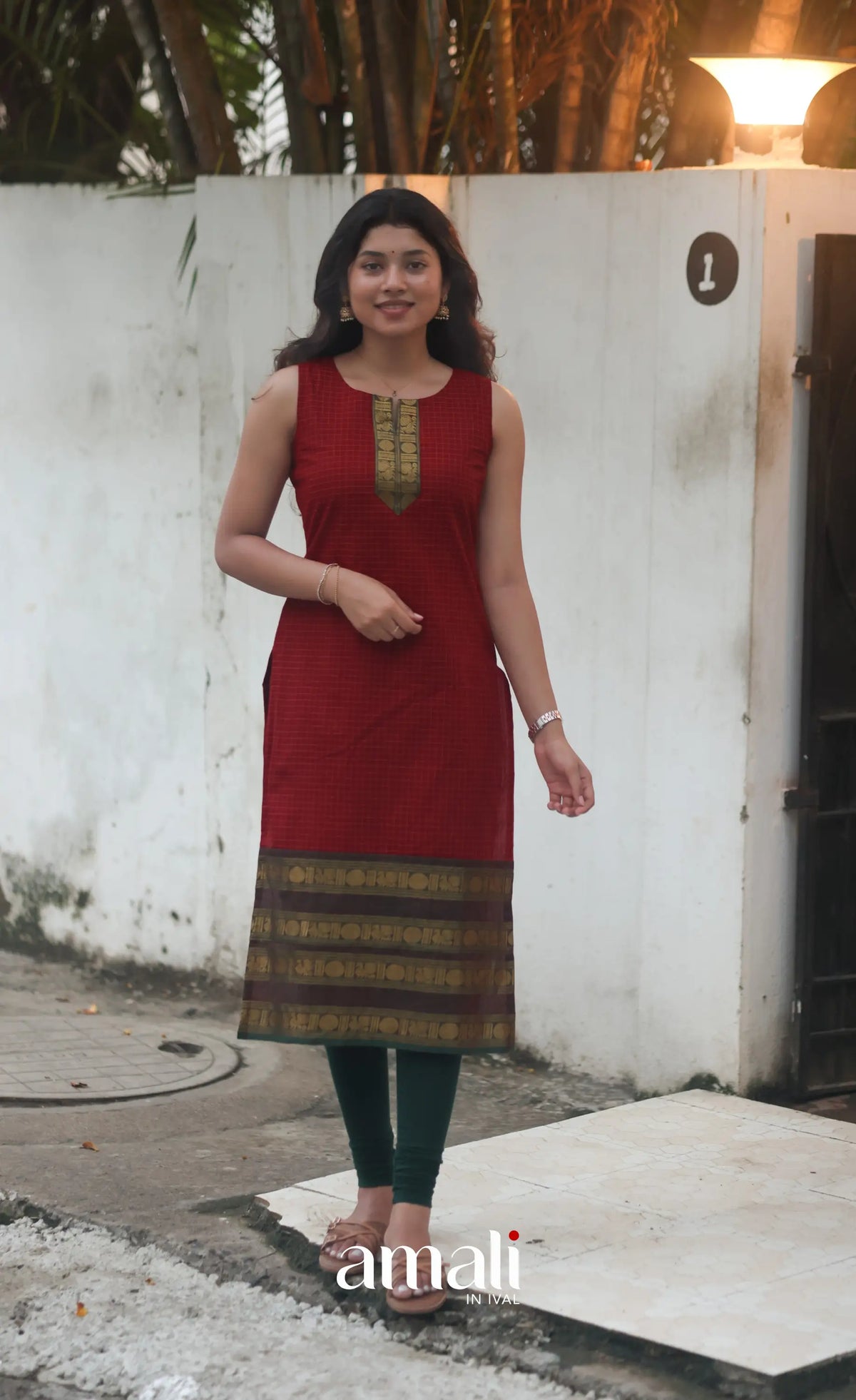 Deep Red and Manthalir Green Sleeveless Chettinad Cotton Salwar Set - salwar