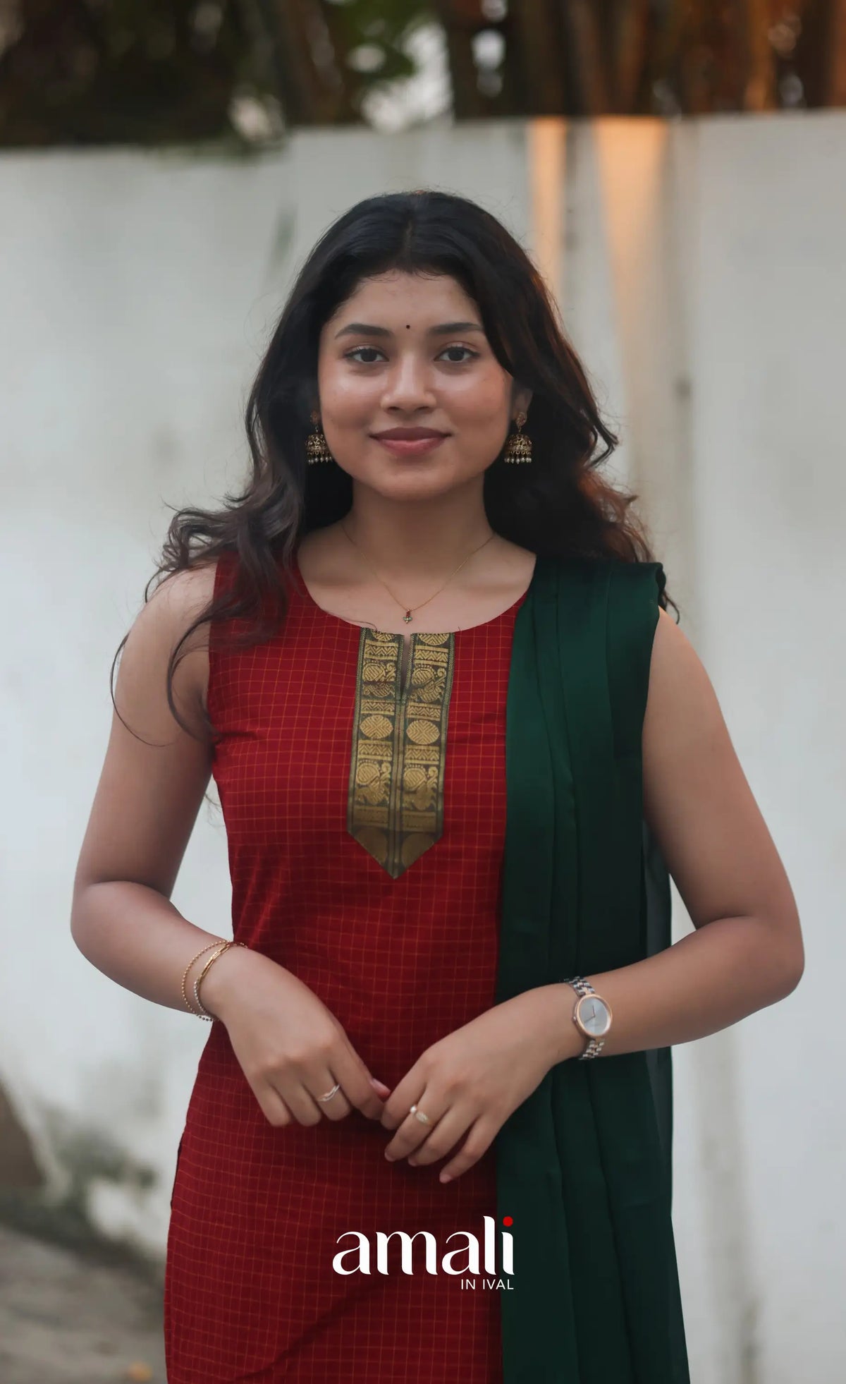 Deep Red and Manthalir Green Sleeveless Chettinad Cotton Salwar Set - salwar