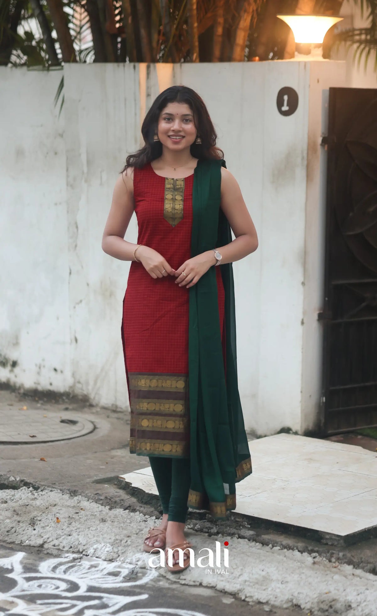 Deep Red and Manthalir Green Sleeveless Chettinad Cotton Salwar Set - salwar