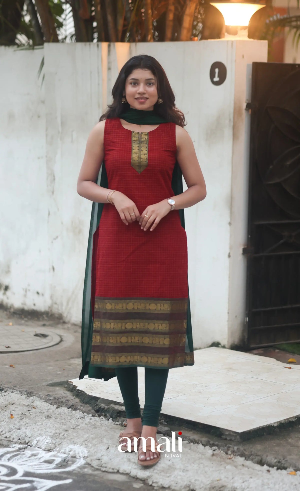 Deep Red and Manthalir Green Sleeveless Chettinad Cotton Salwar Set - salwar
