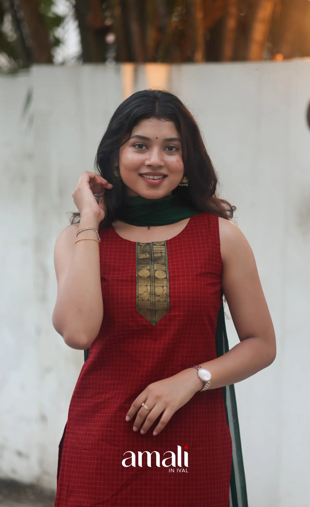 Deep Red and Manthalir Green Sleeveless Chettinad Cotton Salwar Set - salwar