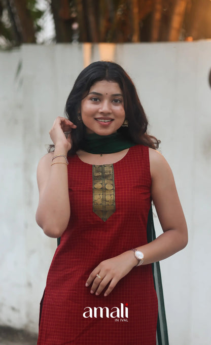 Deep Red and Manthalir Green Sleeveless Chettinad Cotton Salwar Set - salwar