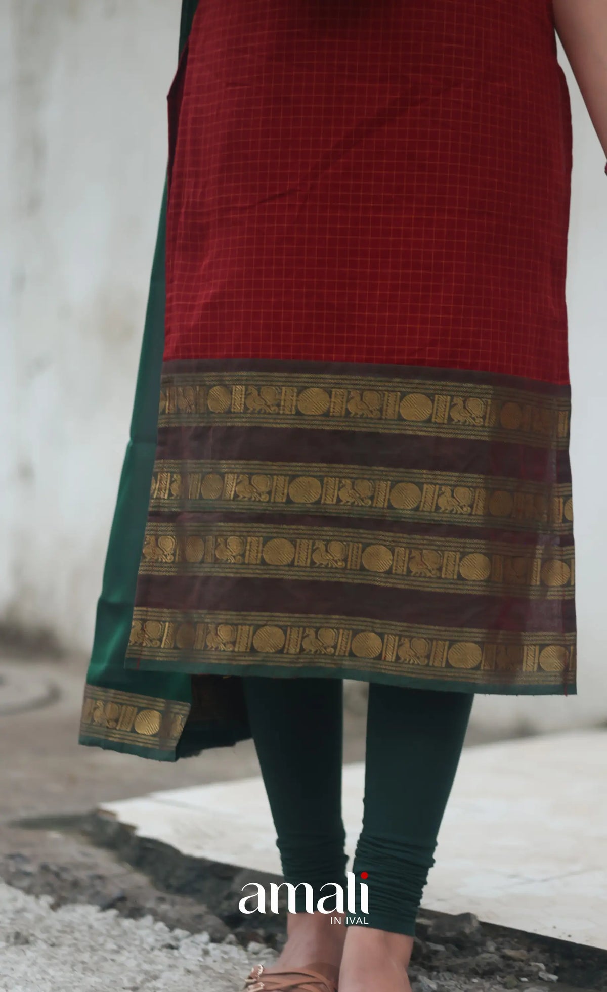 Deep Red and Manthalir Green Sleeveless Chettinad Cotton Salwar Set - salwar