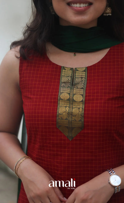 Deep Red and Manthalir Green Sleeveless Chettinad Cotton Salwar Set - salwar