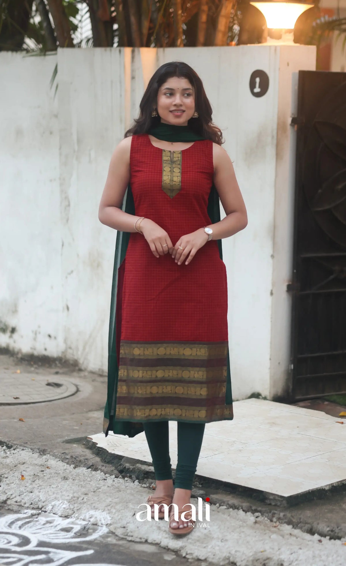 Deep Red and Manthalir Green Sleeveless Chettinad Cotton Salwar Set - salwar