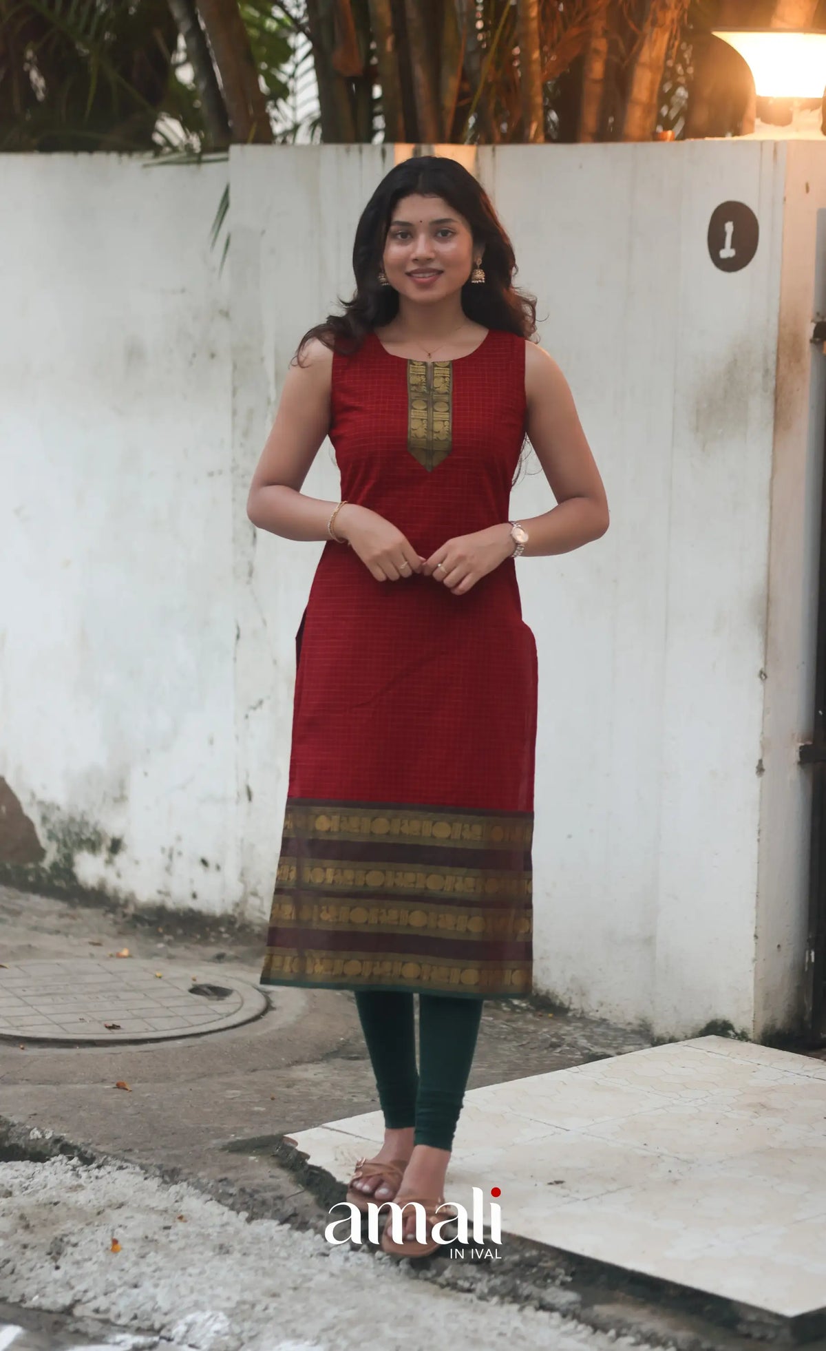 Deep Red and Manthalir Green Sleeveless Chettinad Cotton Salwar Set - salwar