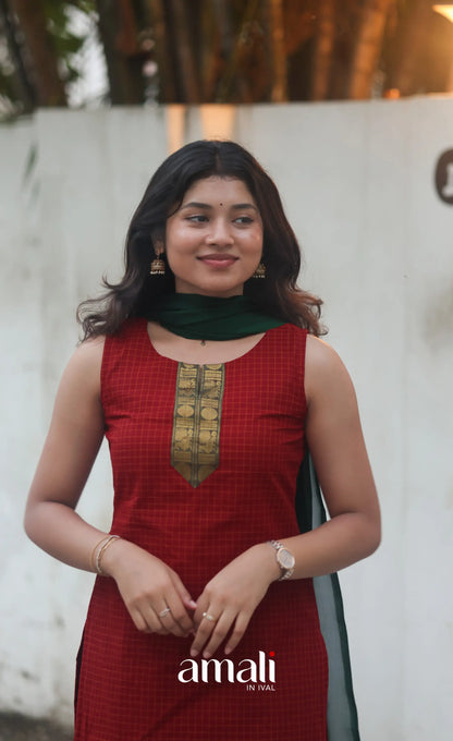 Deep Red and Manthalir Green Sleeveless Chettinad Cotton Salwar Set - salwar