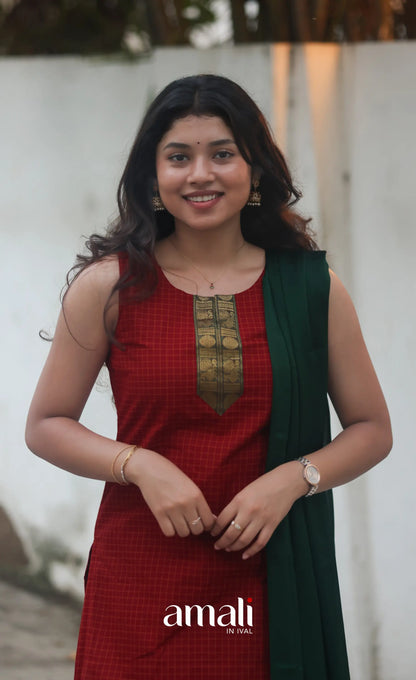 Deep Red and Manthalir Green Sleeveless Chettinad Cotton Salwar Set - salwar