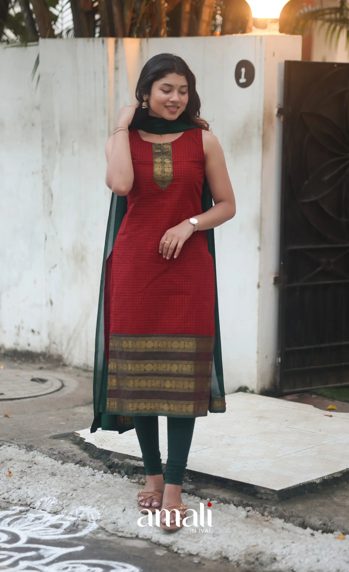 Deep Red and Manthalir Green Sleeveless Chettinad Cotton Salwar Set - salwar
