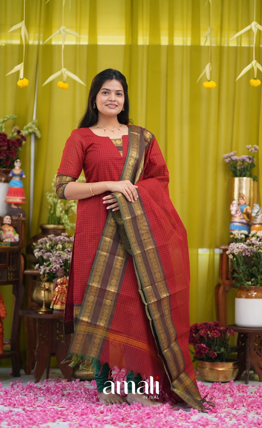 Deep red Chettinad Cotton Salwar Set - salwar
