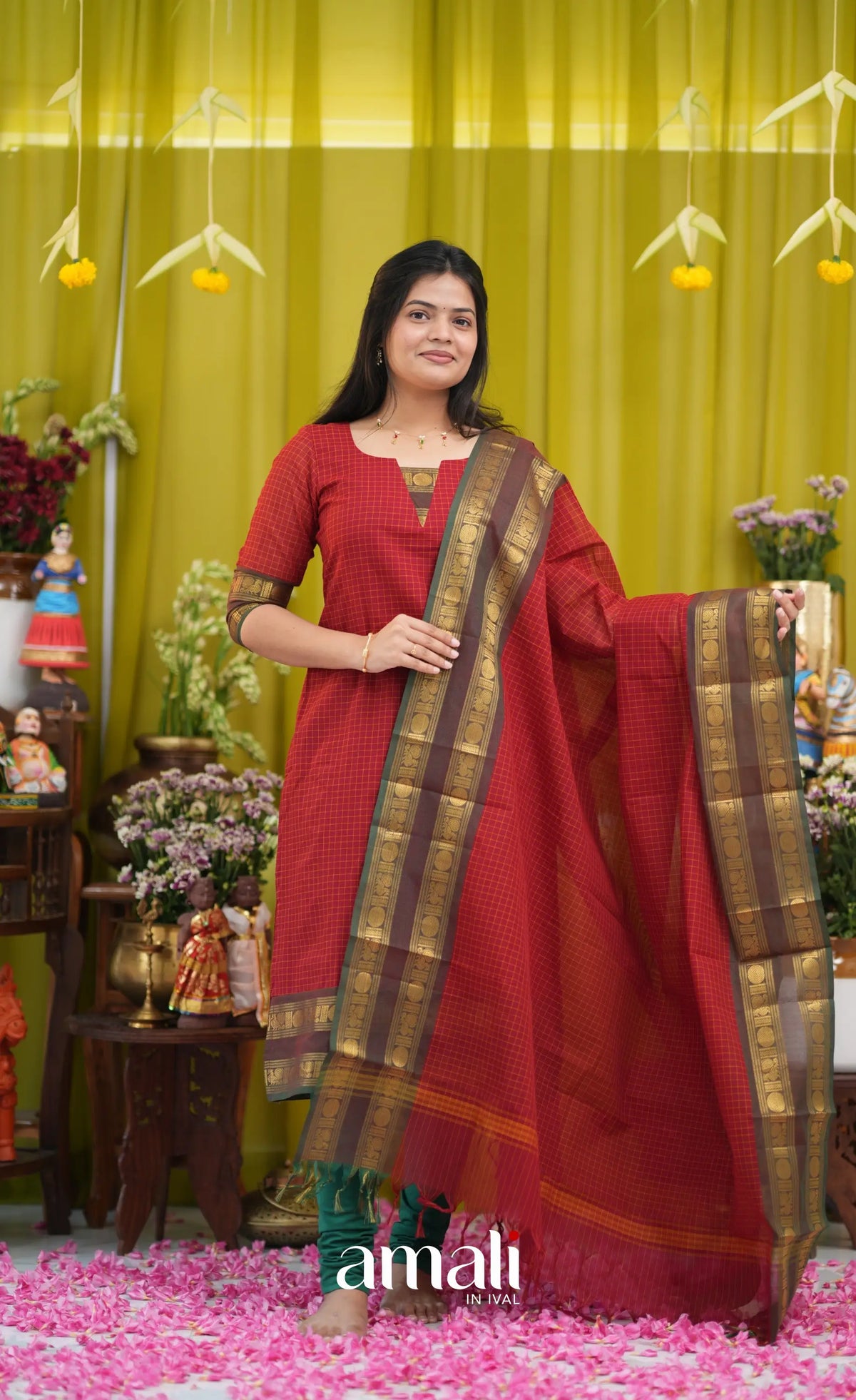 Deep red Chettinad Cotton Salwar Set - salwar