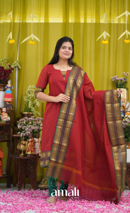 Deep red Chettinad Cotton Salwar Set - salwar