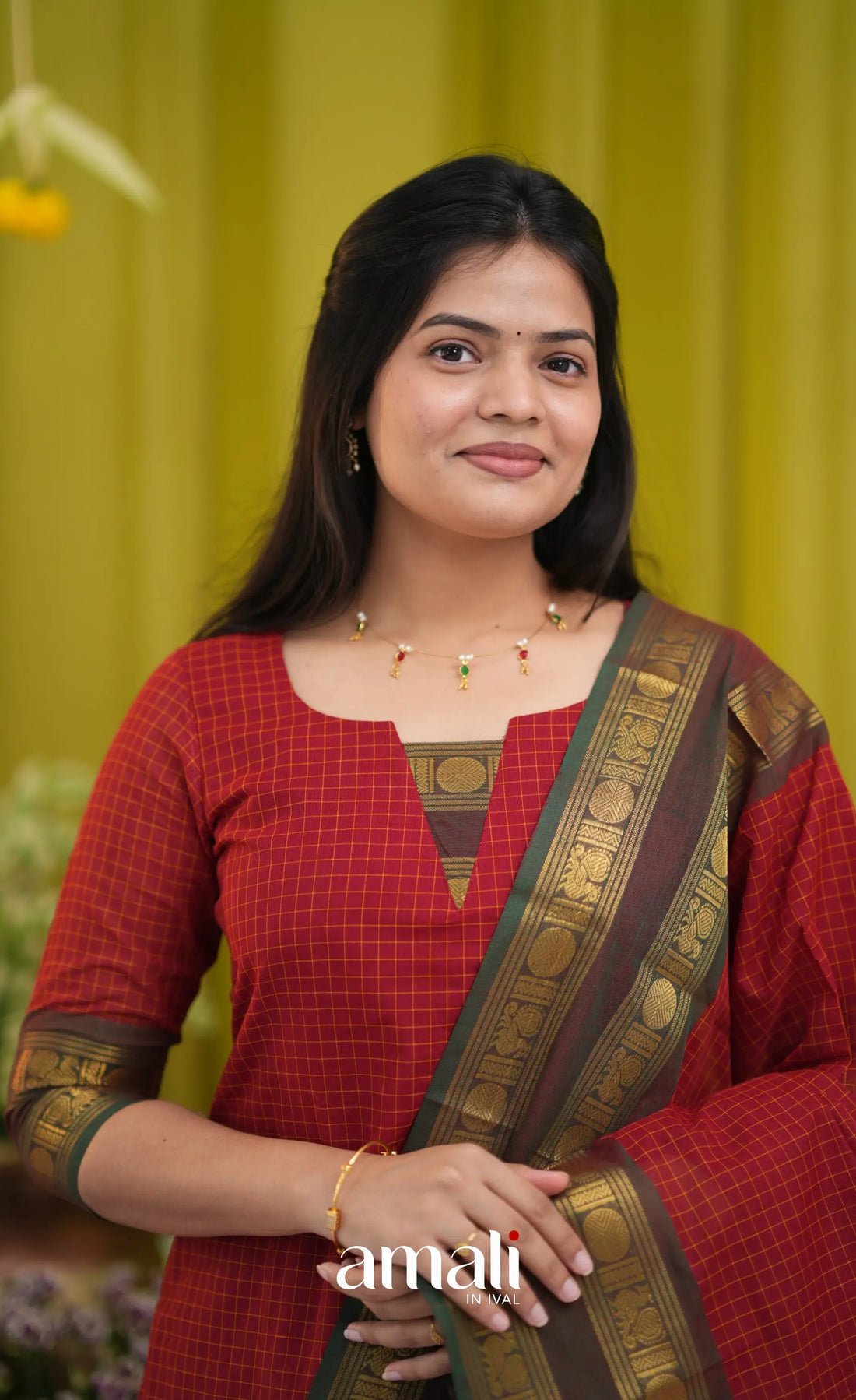 Deep red Chettinad Cotton Salwar Set - salwar