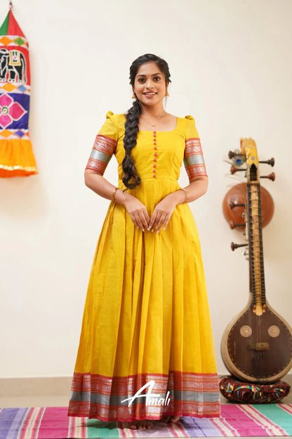 Dull Yellow With Peach Pink Cotton Long Gown Gown