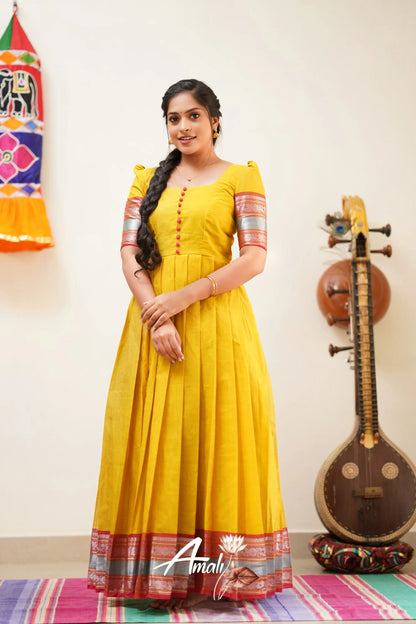 Dull Yellow With Peach Pink Cotton Long Gown Gown