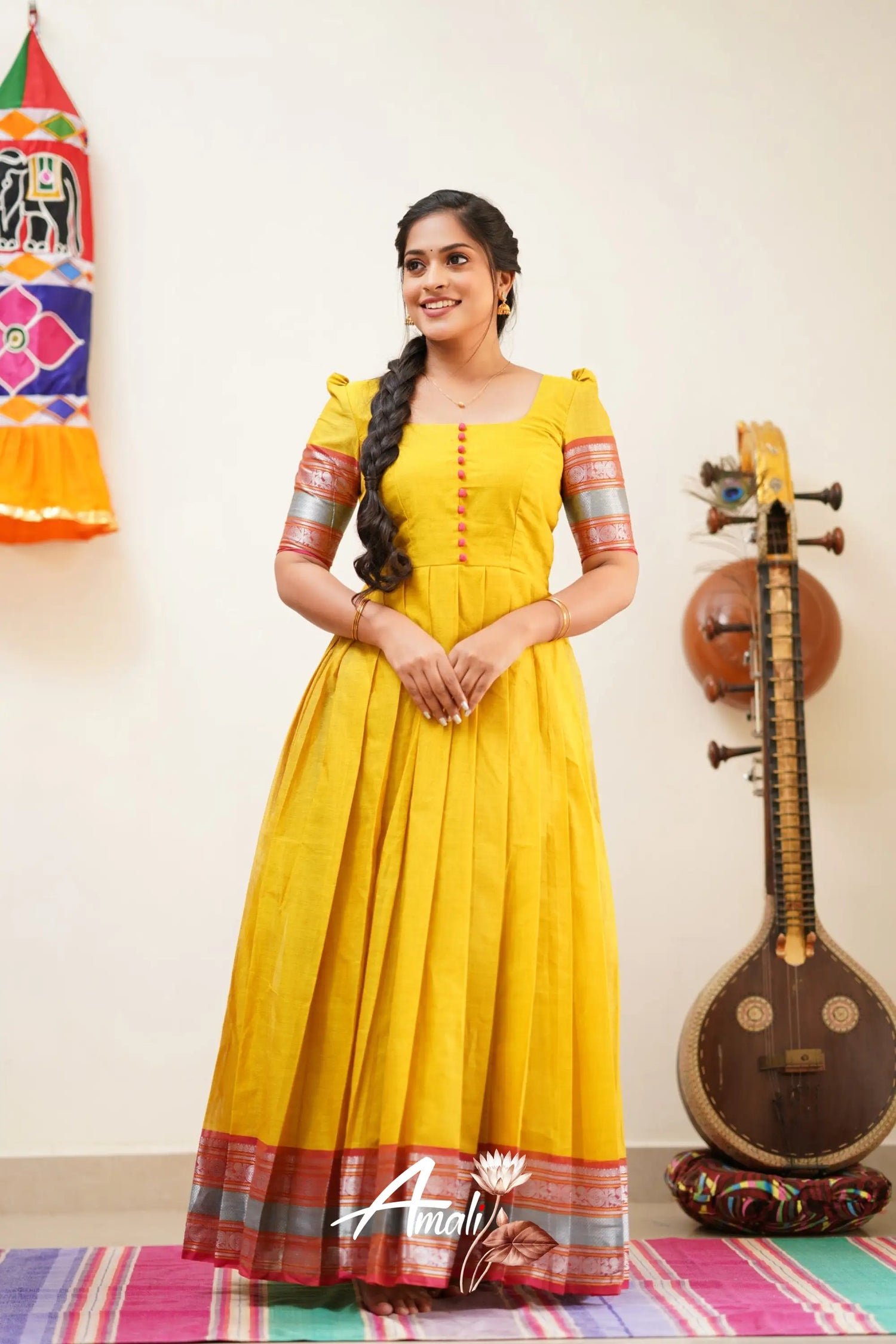 Dull Yellow With Peach Pink Cotton Long Gown Gown