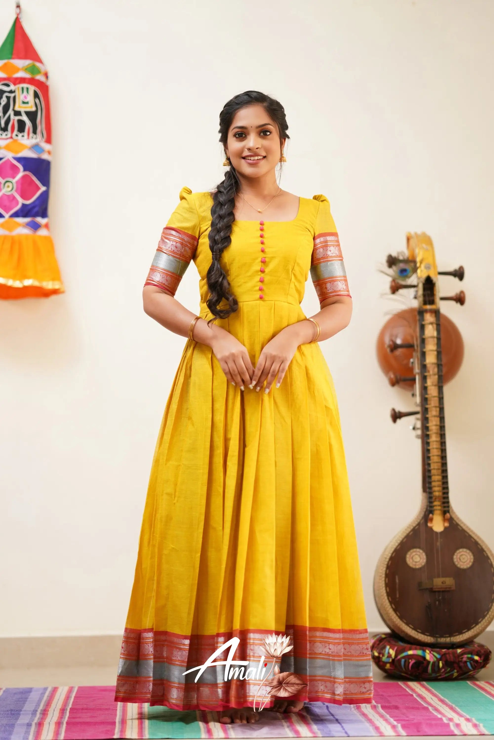 Dull Yellow With Peach Pink Cotton Long Gown Gown