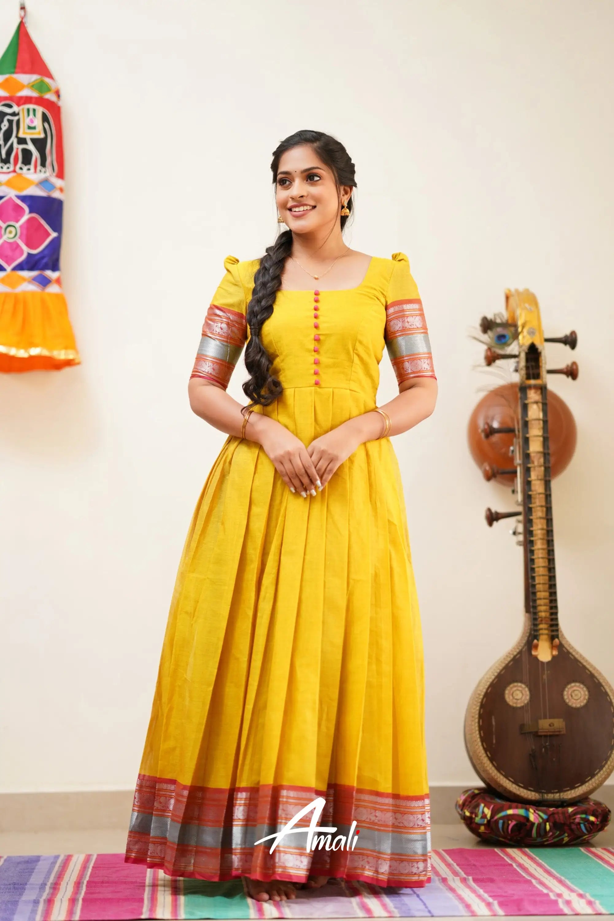 Dull Yellow With Peach Pink Cotton Long Gown Gown