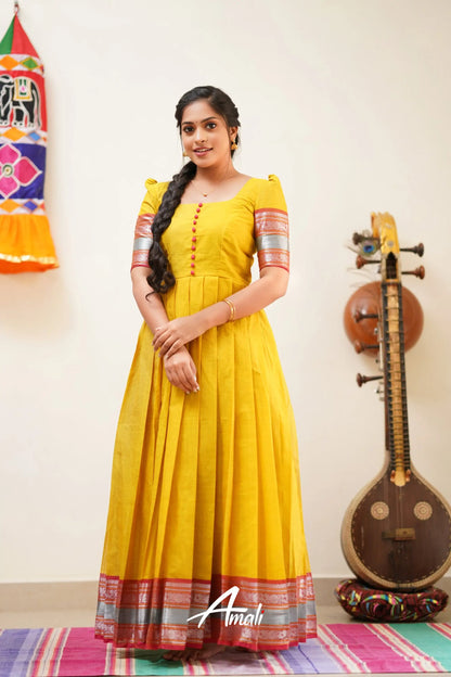 Dull Yellow With Peach Pink Cotton Long Gown Gown