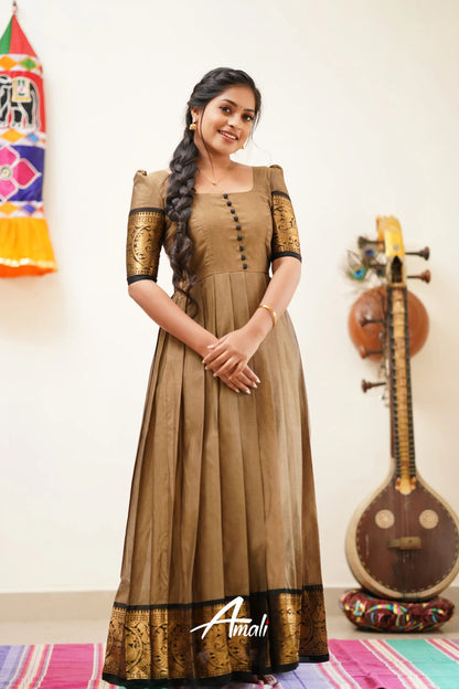 Dusty Brown With Black Cotton Long Gown Gown