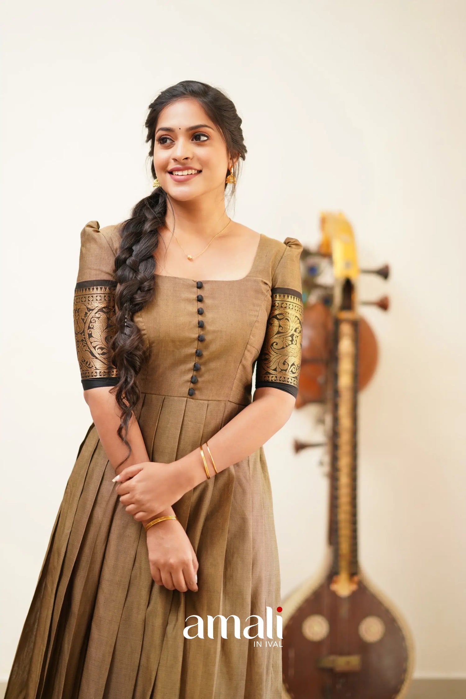 Dusty Brown with Black Cotton Long Gown Ivalinmabia Dusty Brown with Black Cotton Long Gown Ivalinmabia