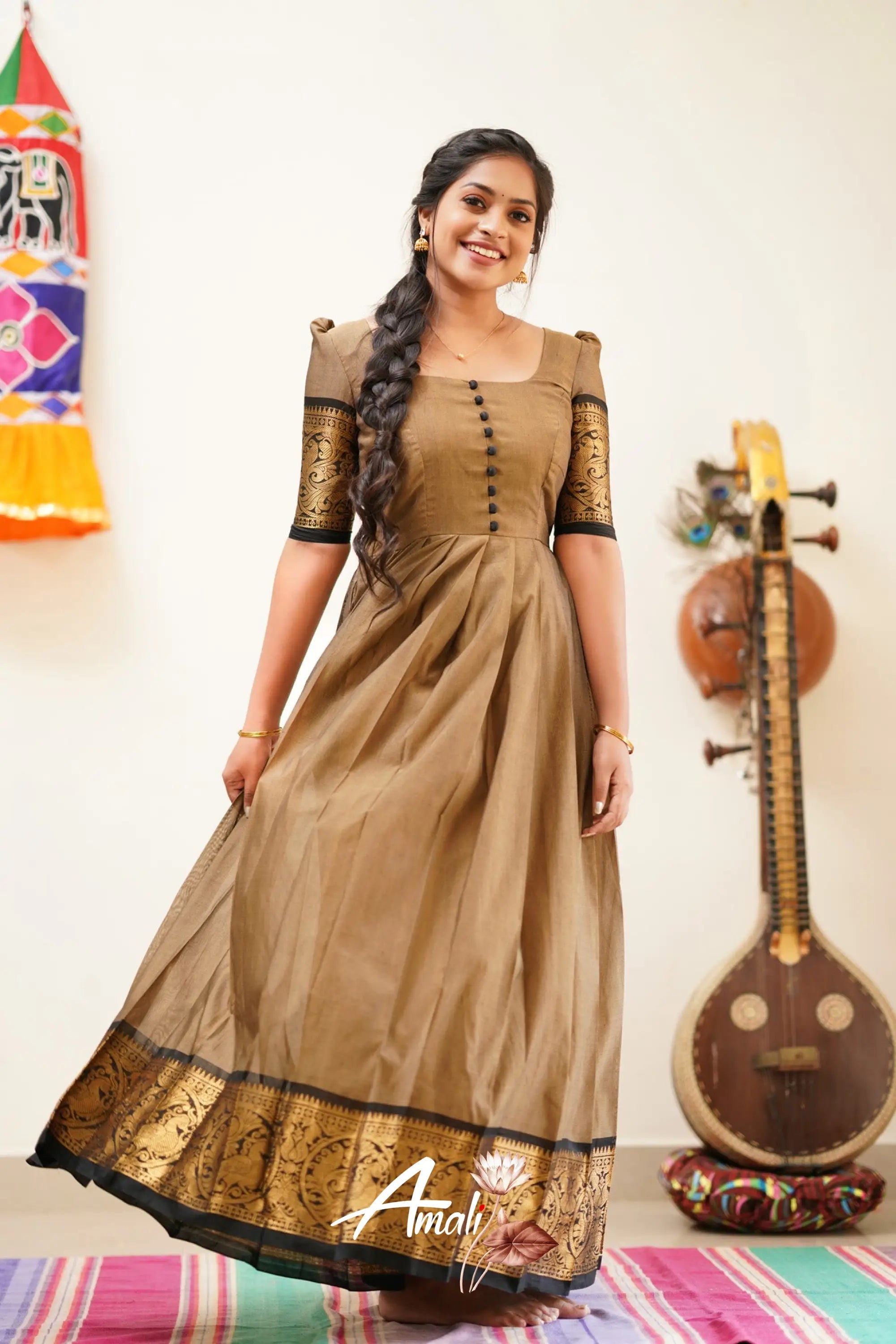 Dusty Brown With Black Cotton Long Gown Gown