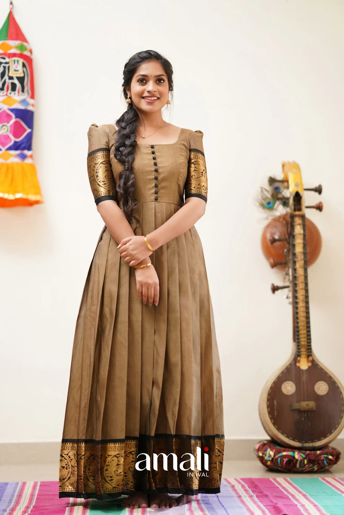 Dusty Brown With Black Cotton Long Gown Gown