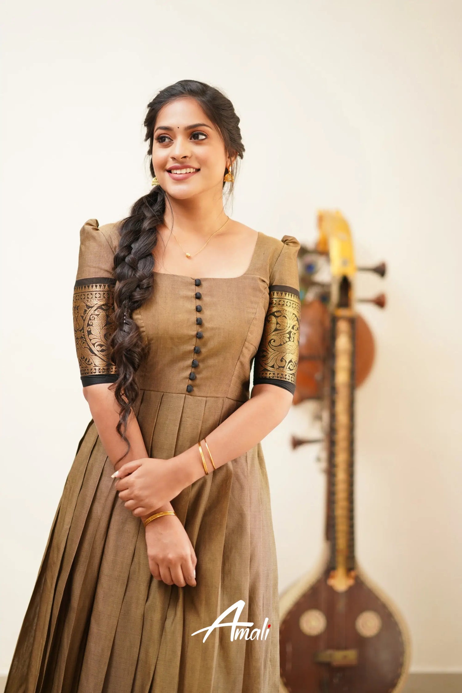 Dusty Brown With Black Cotton Long Gown Gown