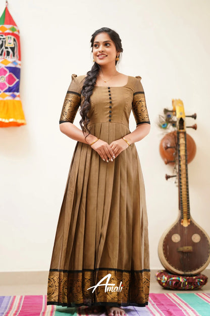 Dusty Brown With Black Cotton Long Gown Gown