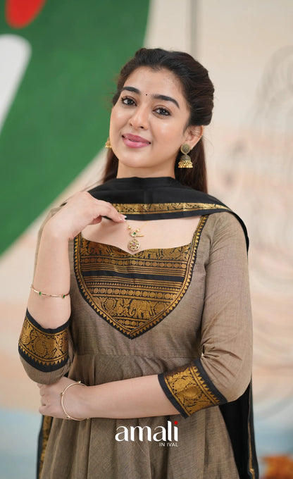Elephant grey and Black Chettinad Cotton Anarkali - Anarkalis