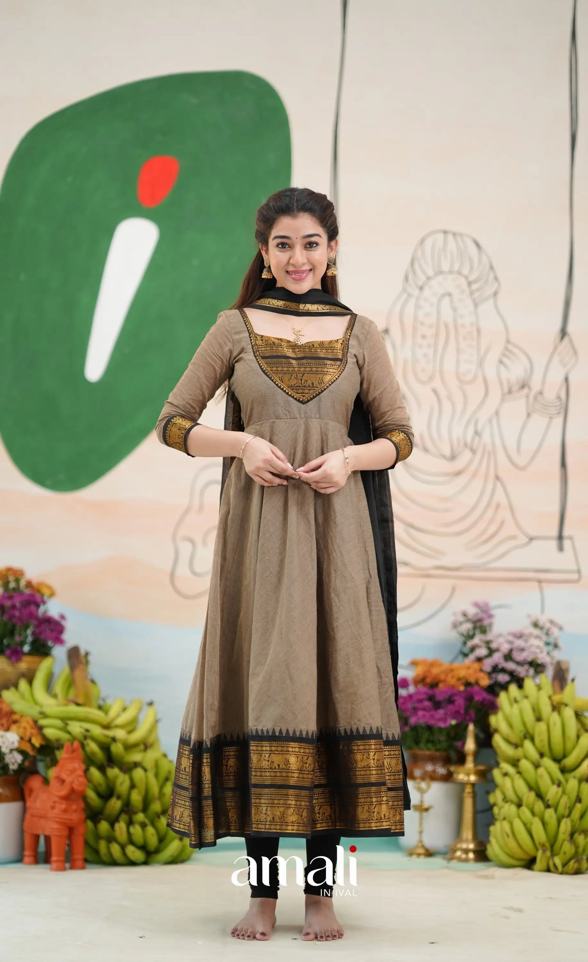 Elephant grey and Black Chettinad Cotton Anarkali - Anarkalis
